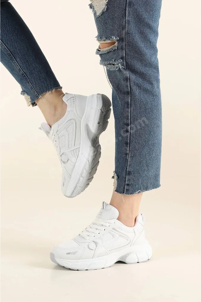 Unisex Beyaz Günlük Snekars Spor Ayakkabı Topuk 4 Cm