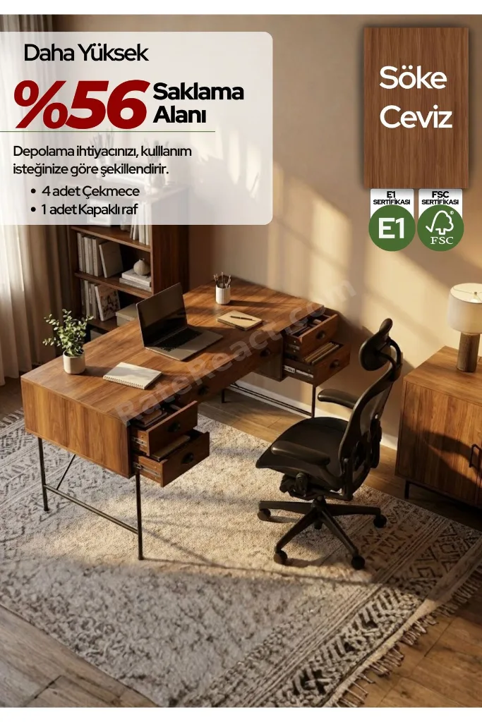 Lamont Çalışma Masası, Home Ofis ve Yönetici Masası Modeli 4 çekmeceli 1 kapaklı raf 180cm