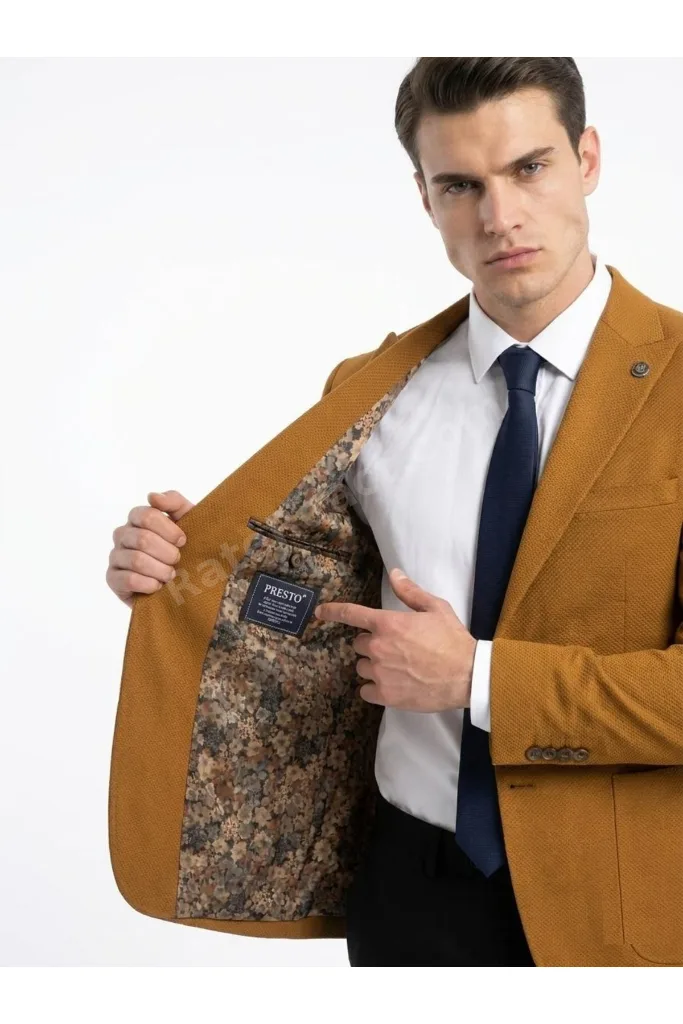 Erkek 6 Drop SlimFit Sivri Yaka Camel Ceket Premium Kumaş Özel Kalıp 1640-004