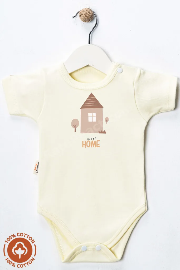Unisex Bebek %100 Organik Pamuklu Sweet Home Baskılı 3-6-9-12 Ay 3lü Kısa Kollu Bebek Body Zıbın