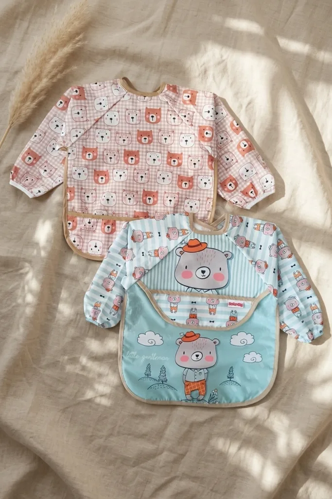 Teddy Guard Sıvı Geçirmez Uzun Kollu Bebek Mama Önlüğü 2'li Set - 6-24 Ay Leke Tutmaz Blw Uyumlu Ayı