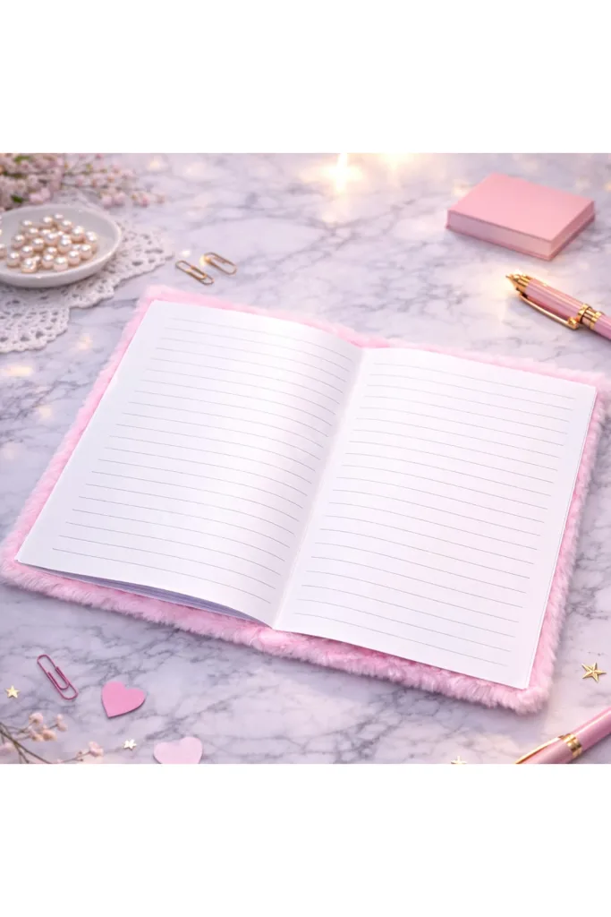 Kalpli Pembe Peluş Defter 21x15 CM Yumuşak Kapaklı Çizgili Not Defteri