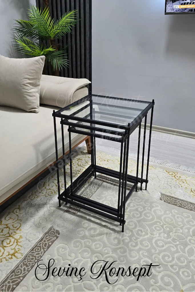 3 lü Vera Black Şeffaf Camlı, Çok Amaçlı Metal Zigon Yan Sehpa