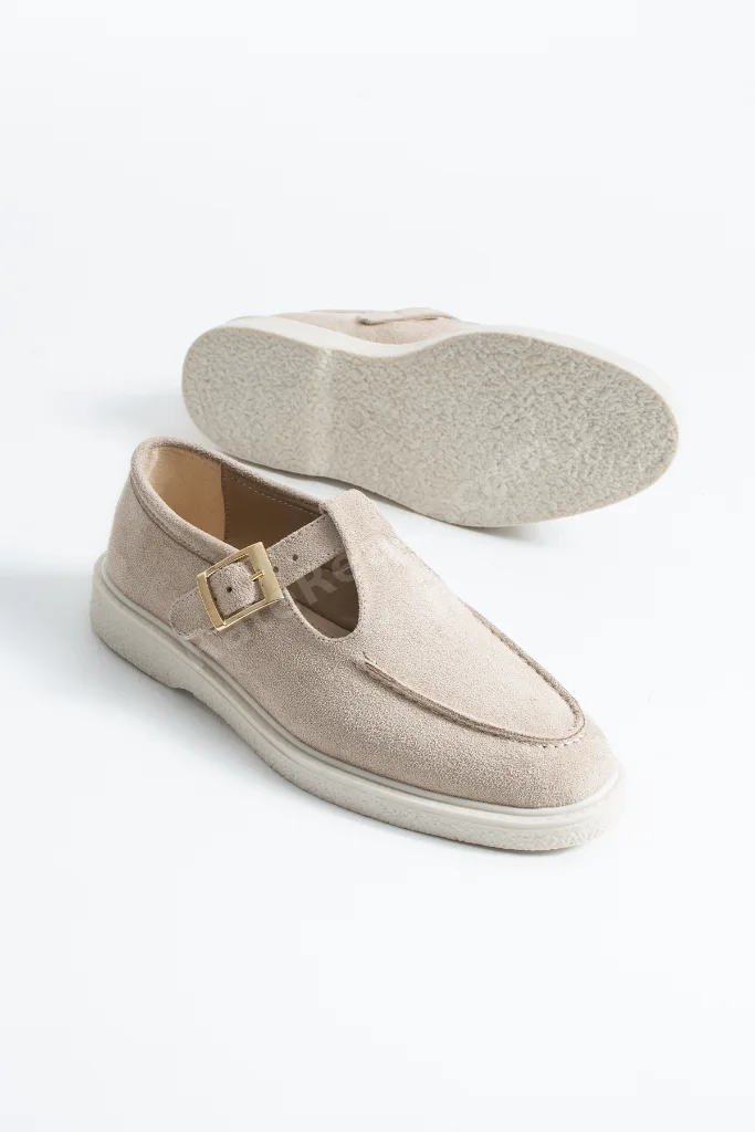 Kadın Bej Süet Loafer Ayakkabı Elite Comfort Makosen Rahat Günlük Ofis Casual Saraç Detay Tokalı