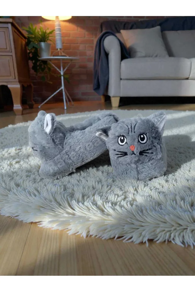 Kedi Panduf Ev Botu Çocuk Tuylu Peluş Yumuşak Kaymaz Tabanlı Hayvan Figürlü