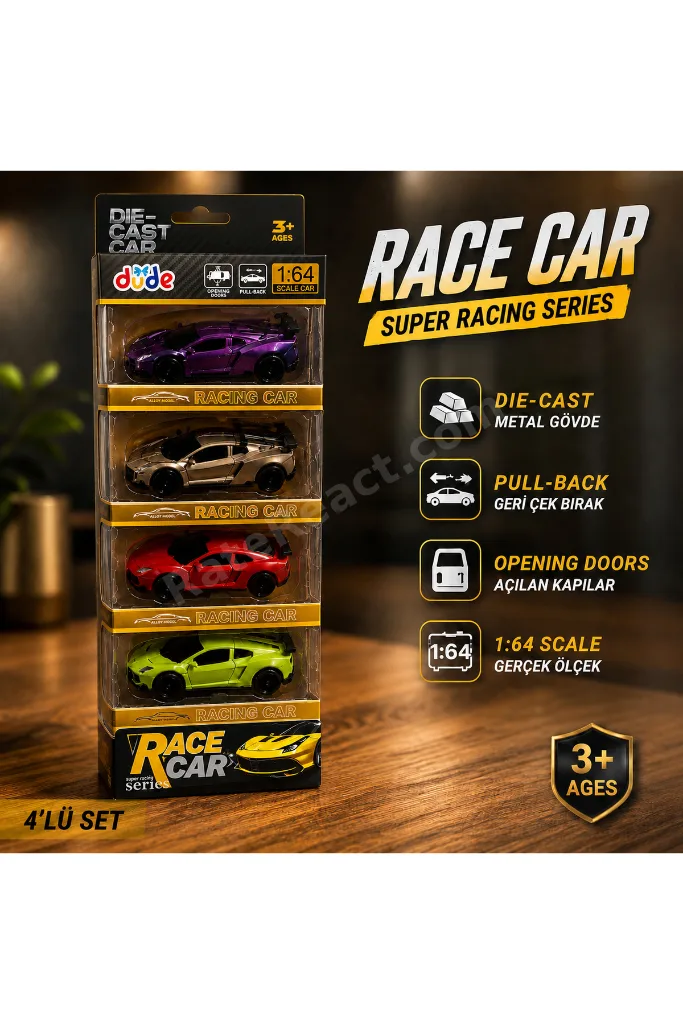 4'lü Die Cast Metal Spor Araba Seti – 1:64 Ölçek - Çek Bırak Mekanizmalı - Açılır Kapı & Bagaj - Kutulu Koleksiyon