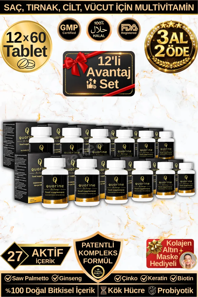 Quarine Saç, Tırnak, Cilt ve Vücut Vitamini - 12'li Avantaj Set (12 Aylık Bitkisel Kür)