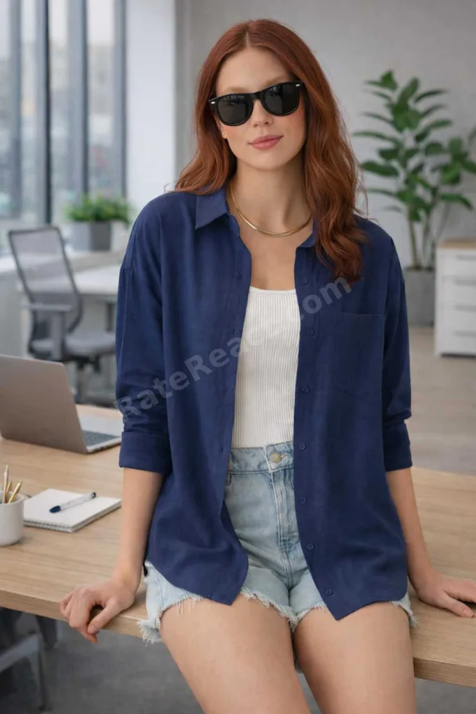 Kadın Oversize Lacivert Pamuklu Rahat Keten Gömlek-Yaz Koleksiyonu
