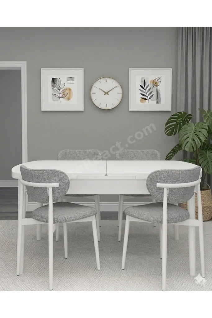 Beyaz Açılır Kelebek Yemek Masası , Gri Polo Sandalye (4 Adet )