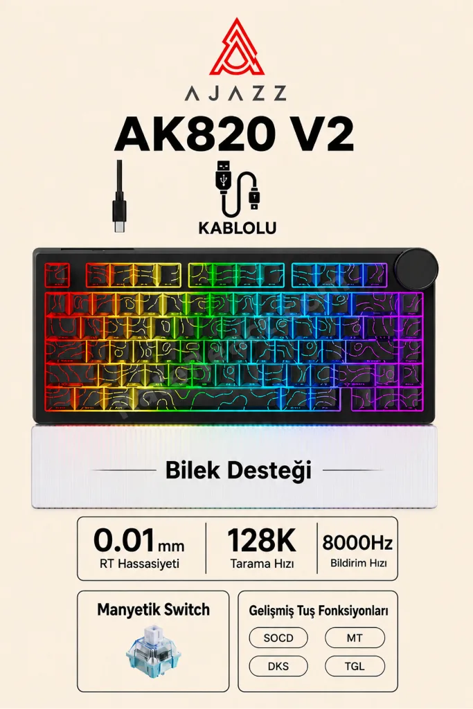AK820 V2 Manyetik Switch Kablolu Oyuncu Klavyesi 8000Hz Rapid Trigger RGB - Yarı Saydam Bilek Desteği
