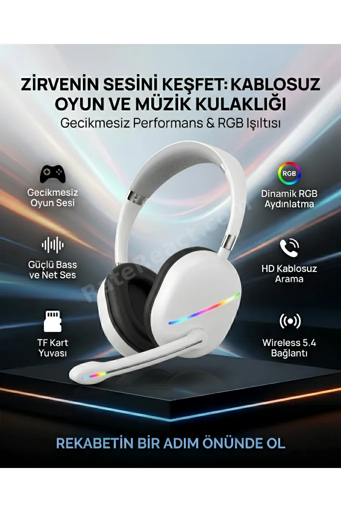 RGB Oyuncu Kulaklık Kablosuz Mikrofonlu Wireless 5.4 Oyuncu Kulaklığı TF Kart Girişli HD Sesli RGB Işıklı Kulaklık
