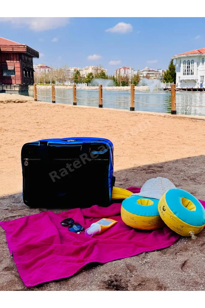 Neon Suni Deri & Renkli Şeffaf PVC Yıkanabilir Islak ve Kumlu Eşya Cebi Olan Plaj Çantası