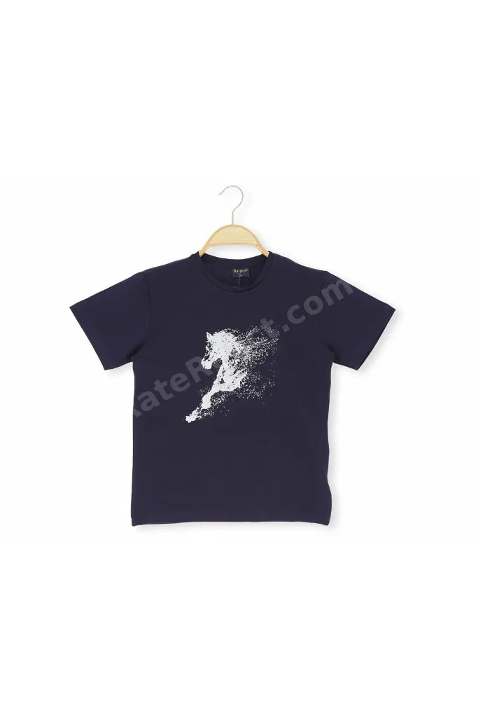 Erkek Çocuk At Baskılı Lacivert Kısa Kollu T-shirt - 6-7 yaş