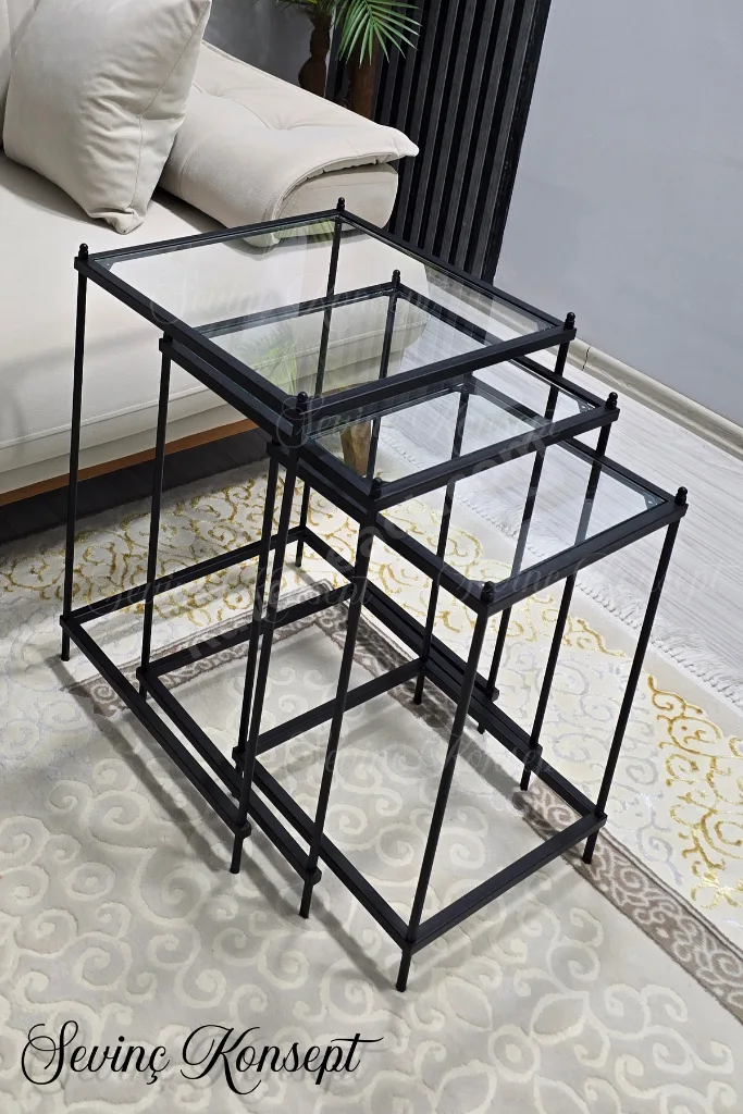 3 lü Vera Black Şeffaf Camlı, Çok Amaçlı Metal Zigon Yan Sehpa