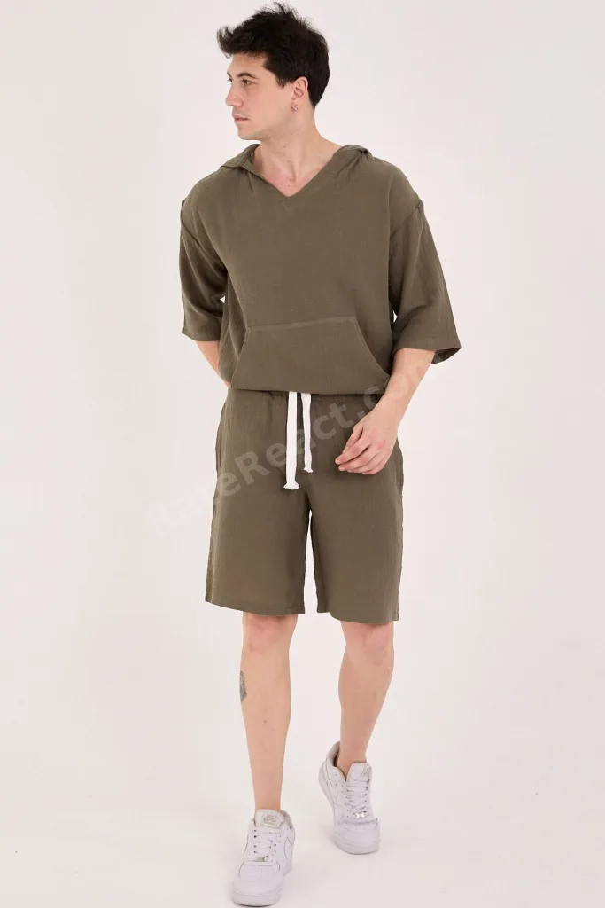 %100 Pamuk 2XS-10XL Arası Oversize Müslin Yazlık Hoodie Haki Yeşil