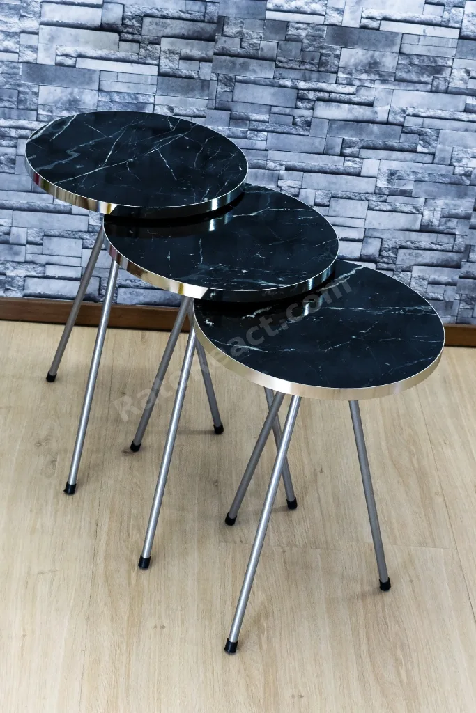 Zigon Sehpa 3'Lü Gümüş Metal Ayak Gümüş Siyah Bendir