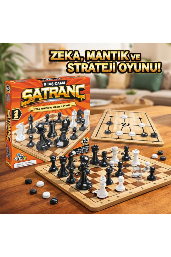 Ahşap Satranç Dokuztaş Dama 3 Oyun 1 Kutuda okul kreş anaokulu yaz okulu etkinlik
