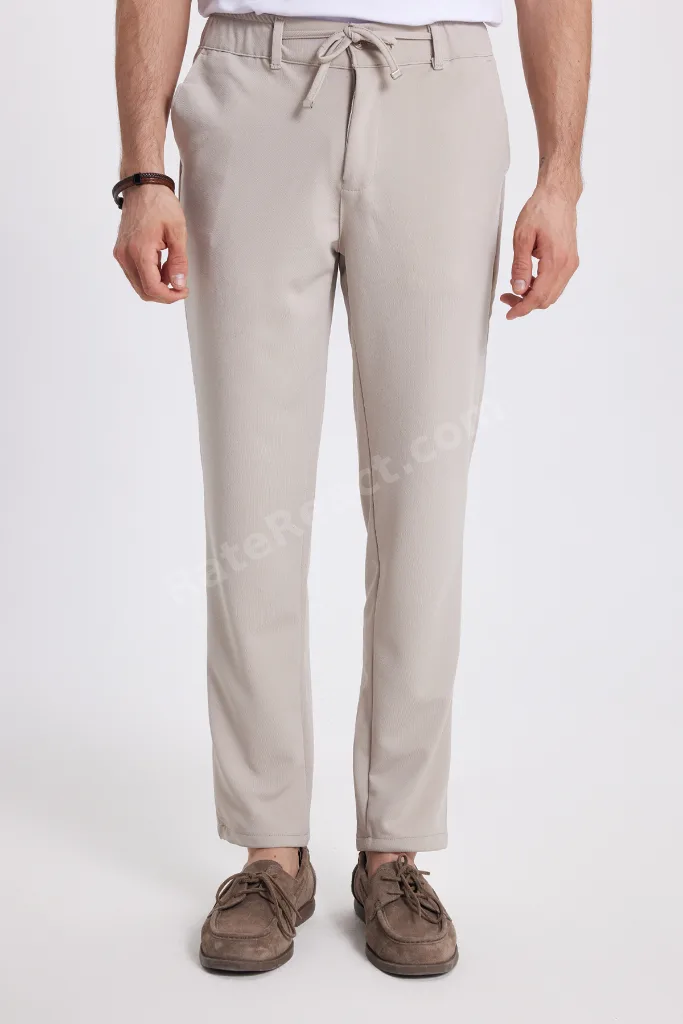 Erkek Slim Fit Dar Kesim Beli Lastikli Bağcık Detaylı Taş Pantolon