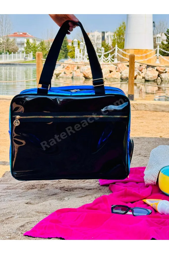 Neon Suni Deri & Renkli Şeffaf PVC Yıkanabilir Islak ve Kumlu Eşya Cebi Olan Plaj Çantası