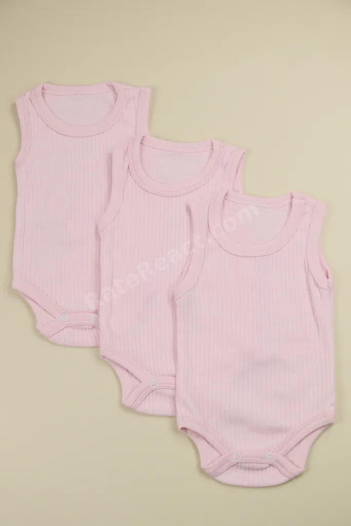 Fitilli Kumaş % 100 Pamuk Kalın Askılı Çıtçıtlı 3'lü Pembe Bebek Body/Zıbın