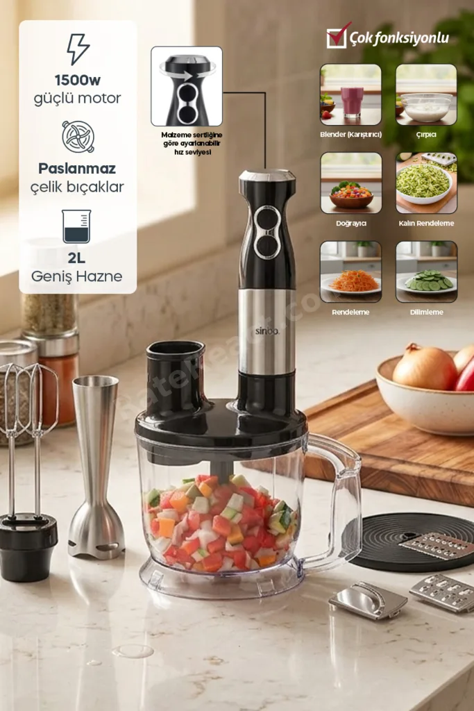 Çok Fonksiyonlu El Blender Seti, Doğrayıcı, Çırpıcı ve Rende Aparatıyla