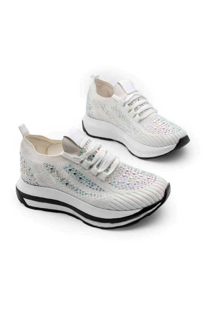 Taşlı beyaz triko kadın sneaker
