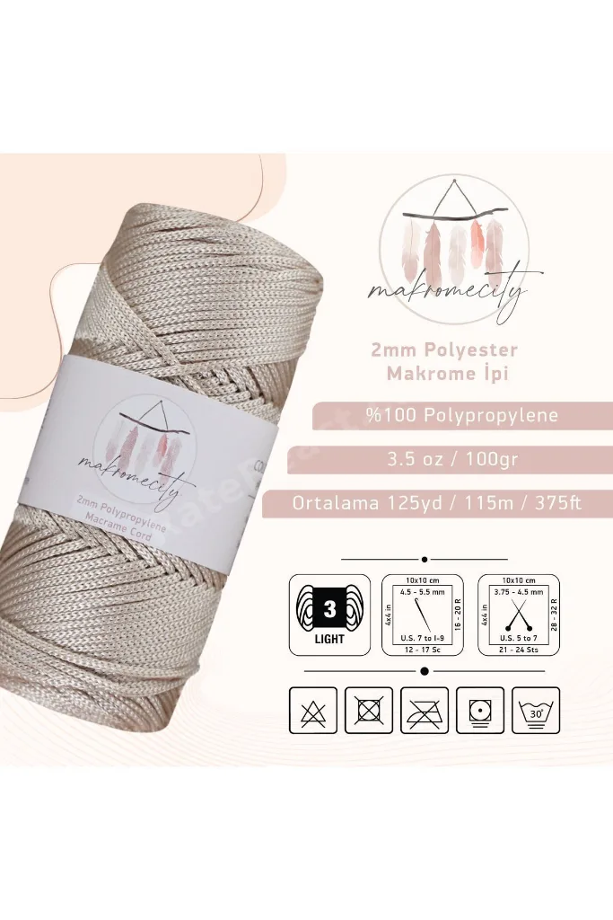 Premium 100 gr 120m Polyester Makrome Ipi Sütlü Kahve 2mm Supla Ip Ve Çanta Ipliği