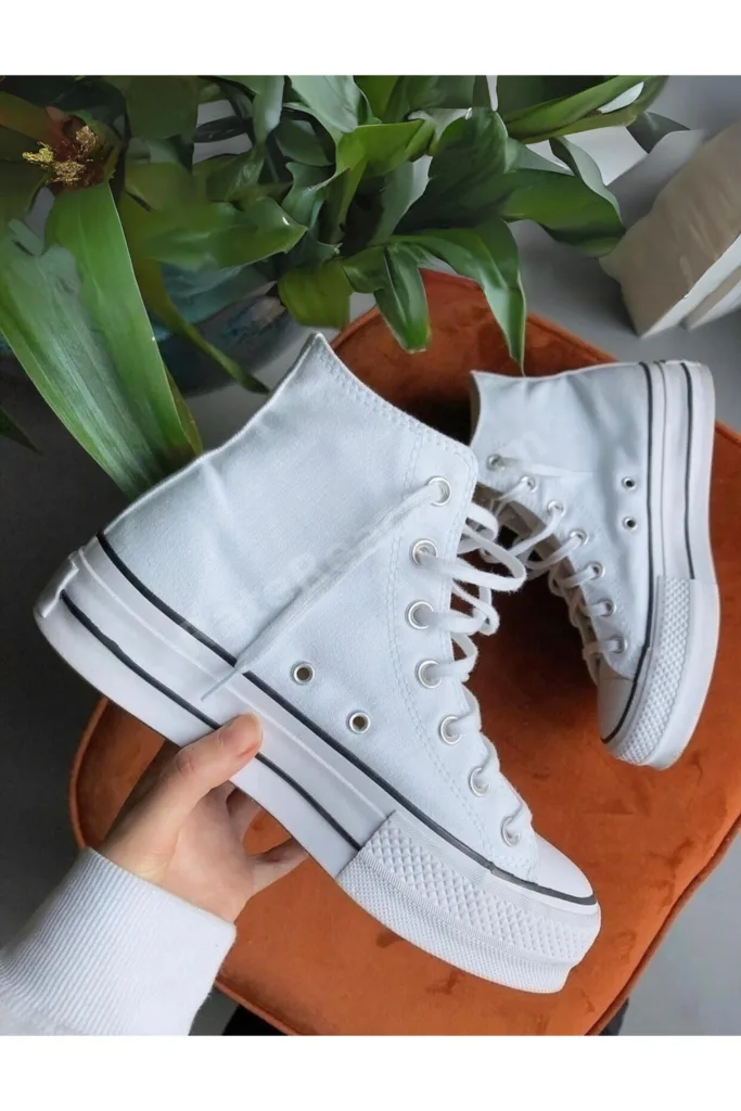 Beyaz Uzun Bilekli Unisex Bağcıklı Kalın Taban All Star Platform Sneaker Spor Ayakkabı