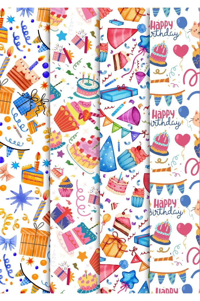 Doğum Gününe Özel Hediye Paketleme Ambalaj Kağıdı 35x50 cm 4' lü Paket (4 Adet)