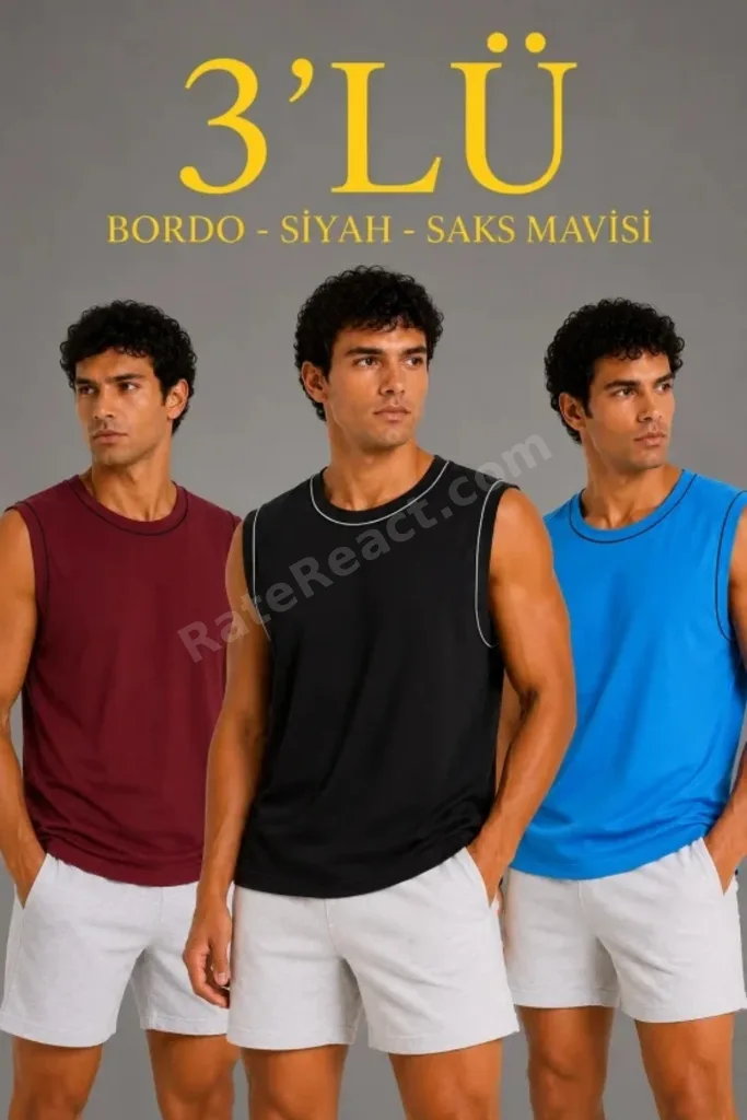 Erkek 3’lü Kolsuz Sporcu Atlet Seti Yazlık Bisiklet Yaka - Siyah, Bordo, Turkuaz