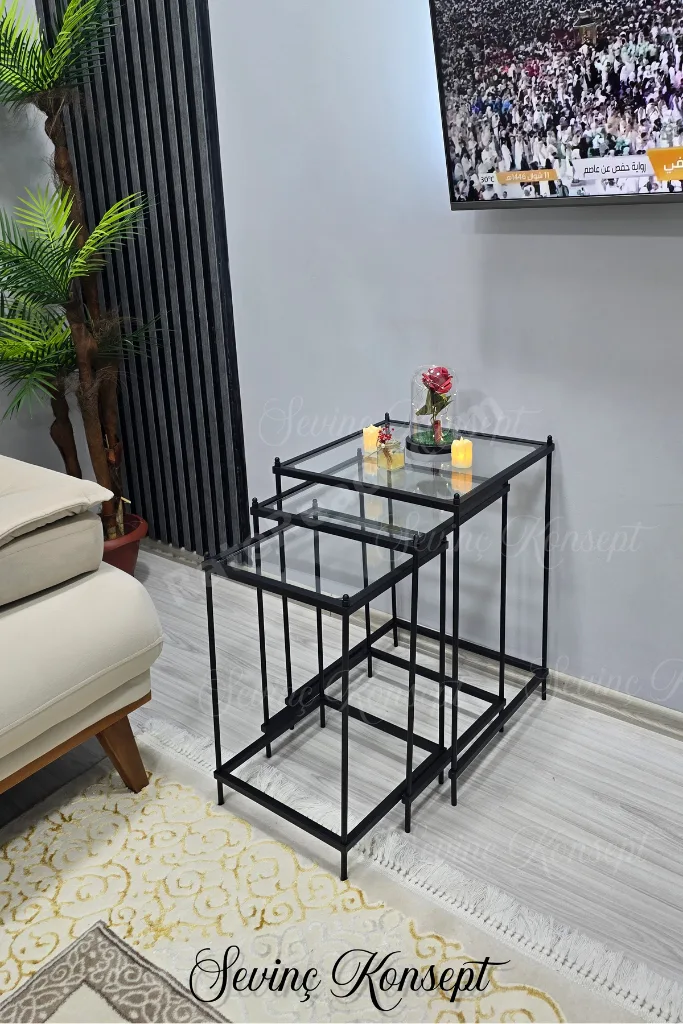 3 lü Vera Black Şeffaf Camlı, Çok Amaçlı Metal Zigon Yan Sehpa