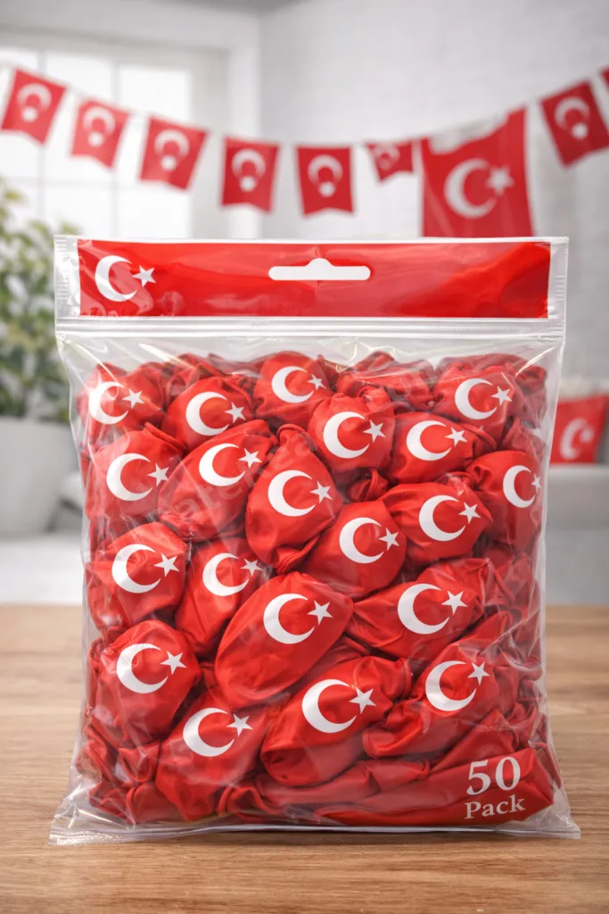 Ayyıldızlı Kırmızı Balon Seti Türk Bayraklı Parti Balonu Dayanıklı Latex Balon 50 Adet