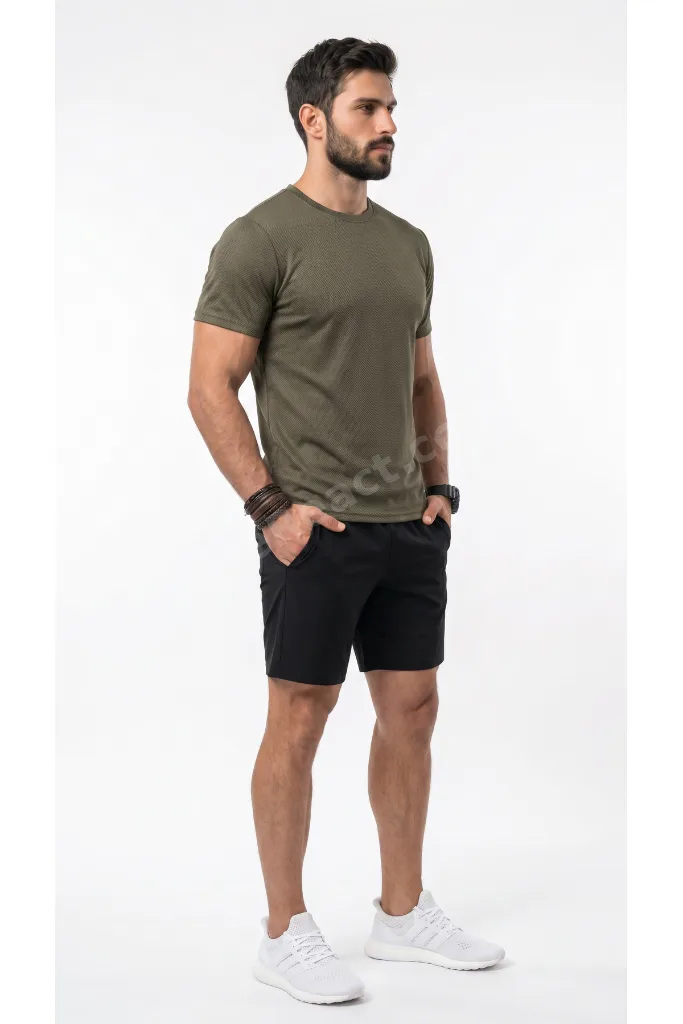 Erkek Haki Spor T-Shirt Nefes Alabilen Ter Tutmaz Çabuk Kuruyan Esnek Yapılı Hava Alan Kumaş