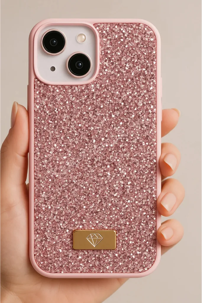 iPhone 13/14/15 Kılıf Içi Kadife Elmas Tasarımlı Pembe Taşlı Işıltılı Pırlanta Silikon