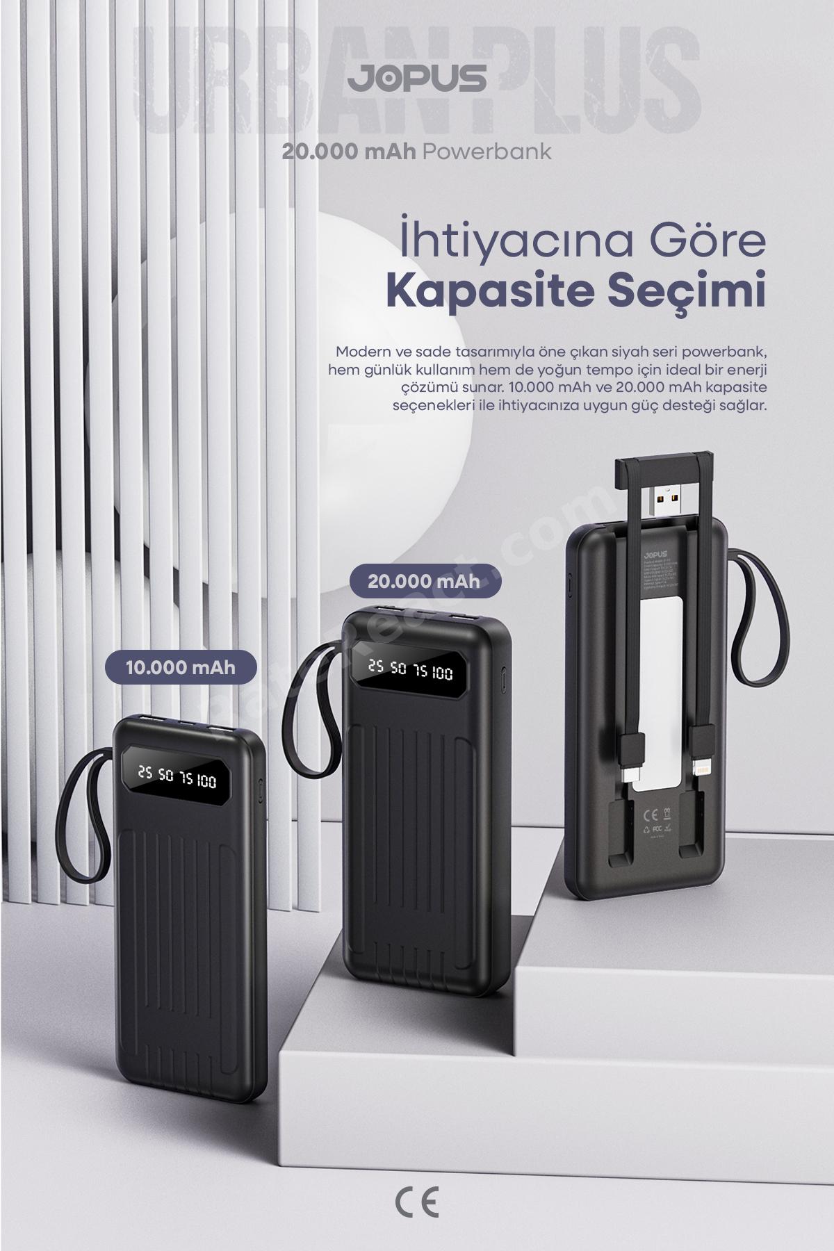 20000mAh PowerBank Dahili Kablolu, LCD Ekranlı, LED Lambalı, Taşınabilir Şarj Cihazı - Siyah JP-P11A