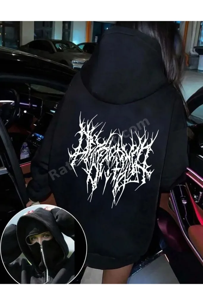 Büyük Beden Uzun Boy Karışık Yüz ve Baş Örtüsü Kar maskesi, Kadın Çift Kapüşonlu Fermuarlı Cepli Hoodie, Güz/Kış/Bahar Günlük Siyah