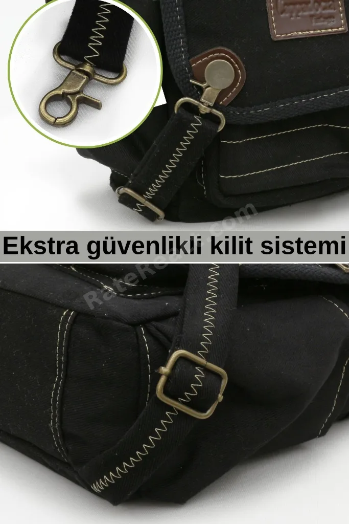 4017 Siyah 14" Laptop Pamuk Gabardin Postacı Okul Çantası Unisex Kilitli Çok Cepli Omuz Askılı