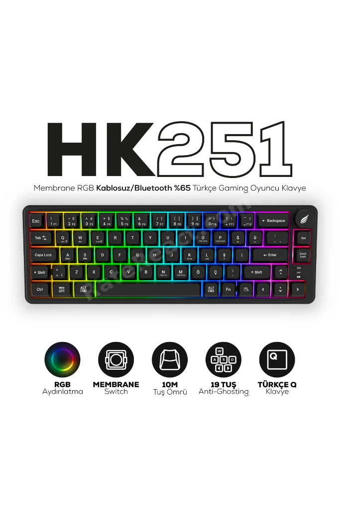 HK251 Membrane RGB Kablosuz/Bluetooth Siyah %65 Türkçe Gaming Oyuncu Klavye