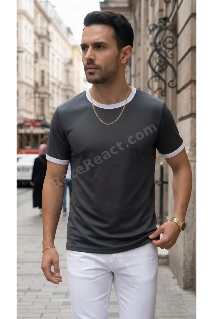 Erkek Gri Renkli Tişört Bisiklet Yaka Kol Garnili Regular T-shirt