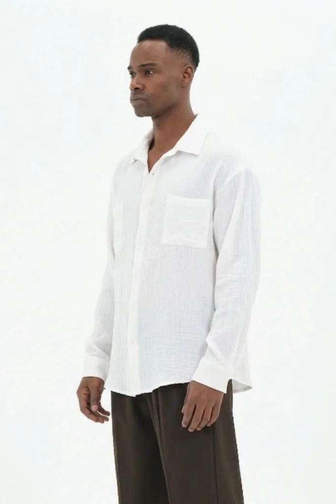 2XS-10XL Erkek Ekru Müslin Gömlek Çift Cepli %100 Pamuk