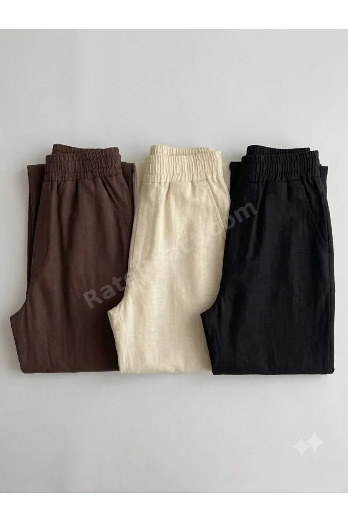 Erkek Yazlık Beli Lastikli 3 Lü Rahat Kalıp Baggy Keten Pantolon