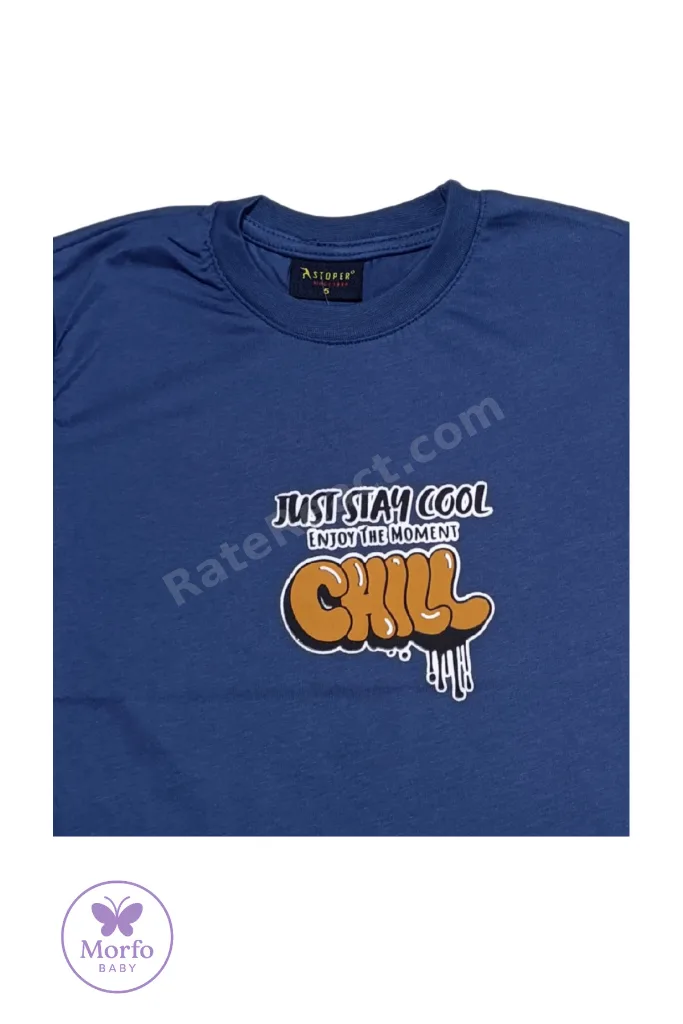 Erkek Çocuk Saks Mavi Just Stay Cool Baskılı Bisiklet Yaka T-shirt