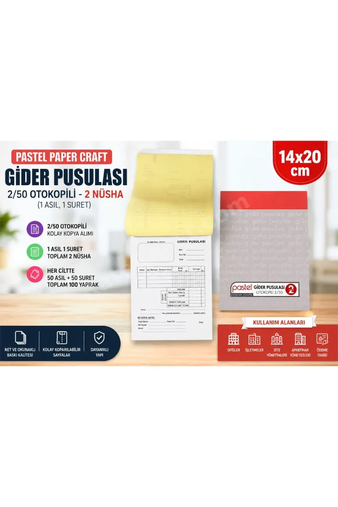 Gider Pusulası 14x20 cm 2/50 ( 50 asıl 50 suret 100 yaprak ) Otokopili 2 Nüsha (1 Asıl, 1 Suret) - 12 Adet