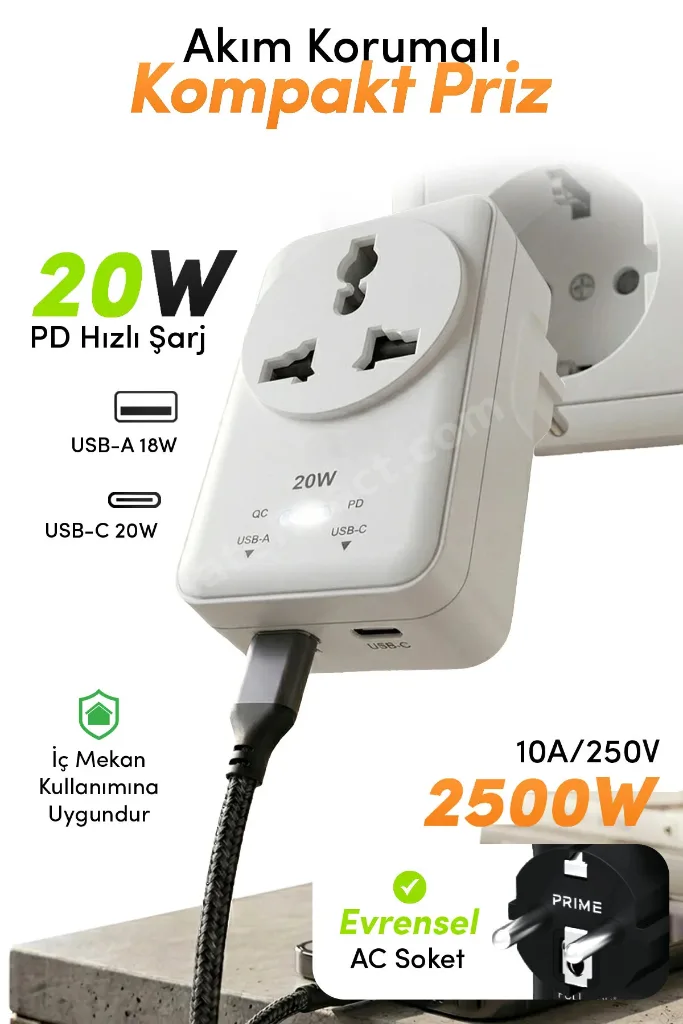 20WPD Hızlı Şarjlı Akım Korumalı Evrensel Priz Dönüştürücü Beyaz USB-C & USB-A Çıkışlı 2500W