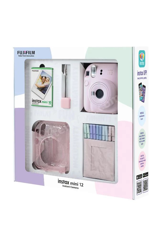 Instax mini 12 Pembe Fotoğraf Makinesi 10'lu Film Simli Pleksi Kılıf Mandal ve Kıskaçlı Resim Standı