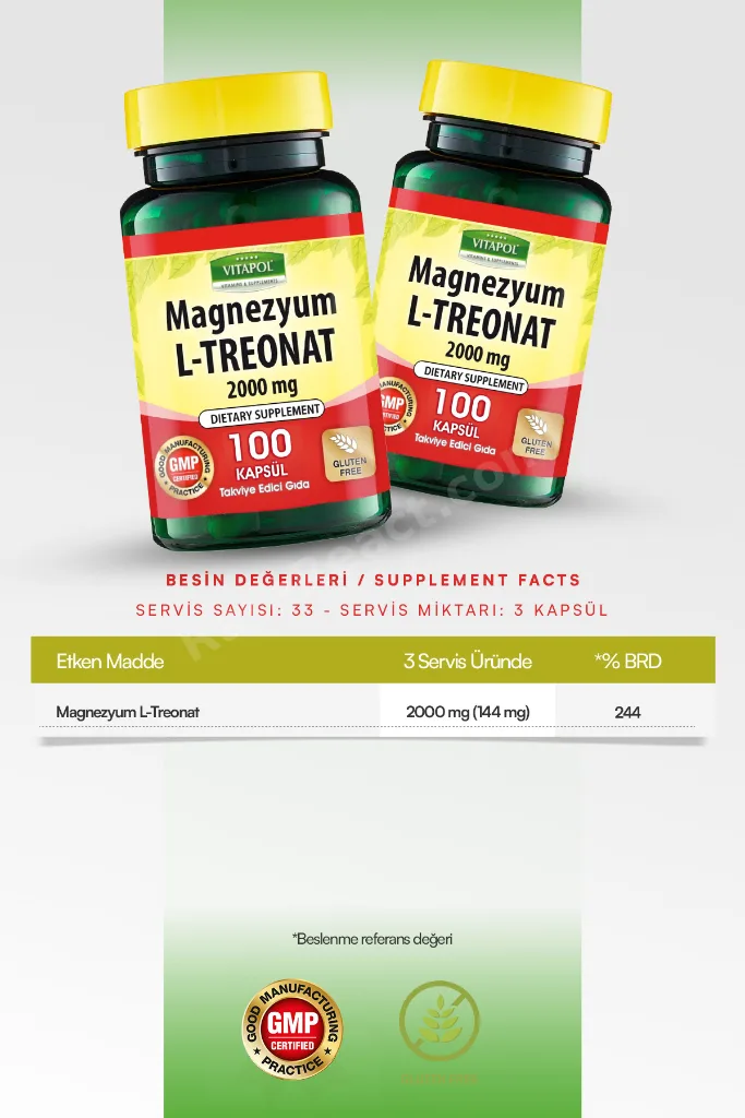 Magnezyum L Treonat 2000 Mg 100 Vegan Kapsül