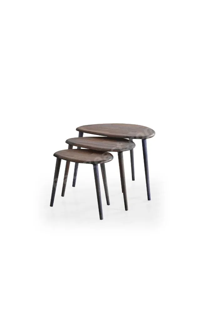 Masif Doğal Ahşap Zigon Sehpa 3'lü Set, Modern Masif Yan Sehpa
