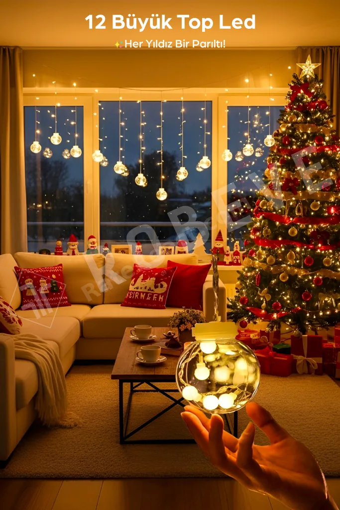 Dekoratif Işıklı 12toplu Perde Led Fişli Led Işık Top Led Yılbaşı Işığı