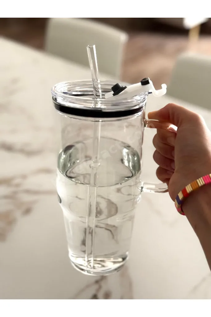 1200 ml Büyük Boy Cam Termos – Sızdırmaz Mika Kapaklı, Cam Pipetli Bardak