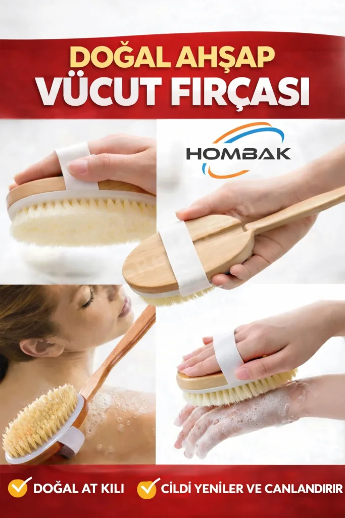 Doğal Ahşap Vücut Fırçası Uzun Saplı At Kılı Kuru Fırçalama Masaj Fırçası (Selülit & Peeling Etkili)